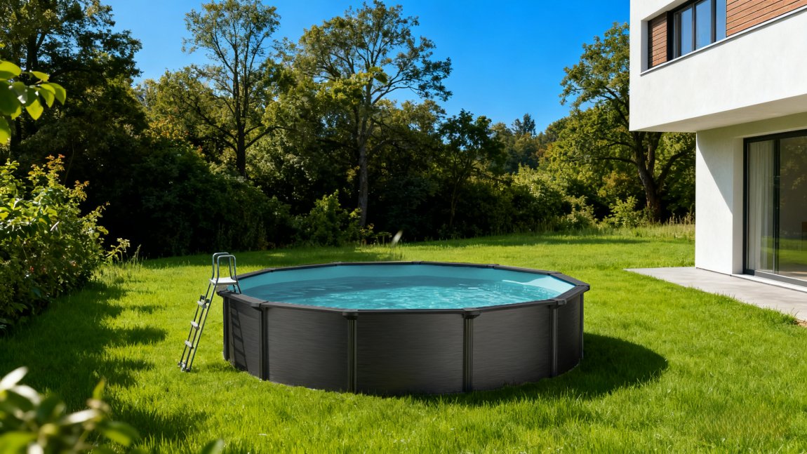 Ovanmarkspool rund Antracit stålväggspool