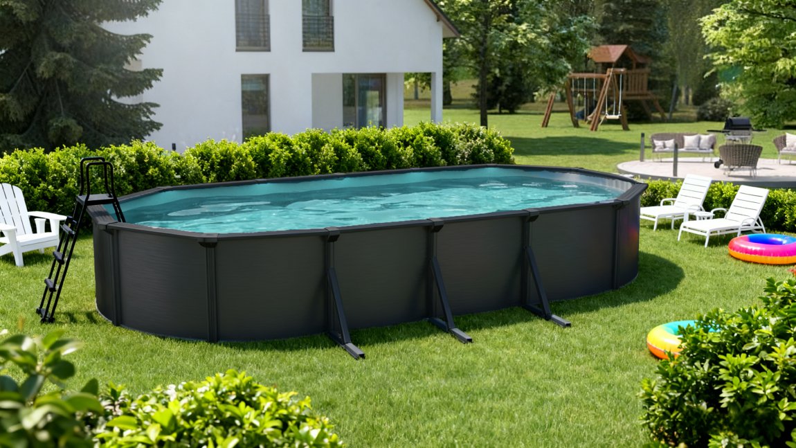 Ovanmarkspool oval 610x360 6x3 Antracit stålväggspool